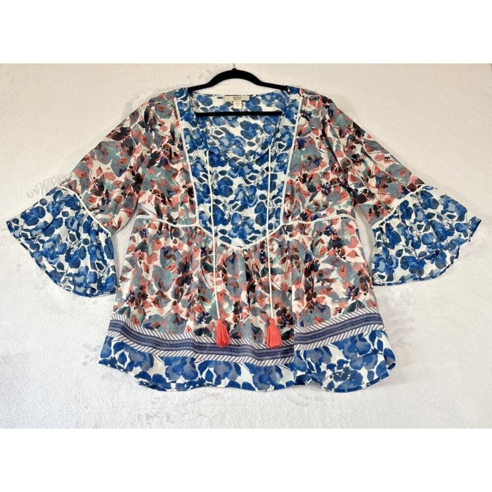 Vintage America Tunic Blouse Peasant  Bell Sleeve Multicolor Floral Women's 1X